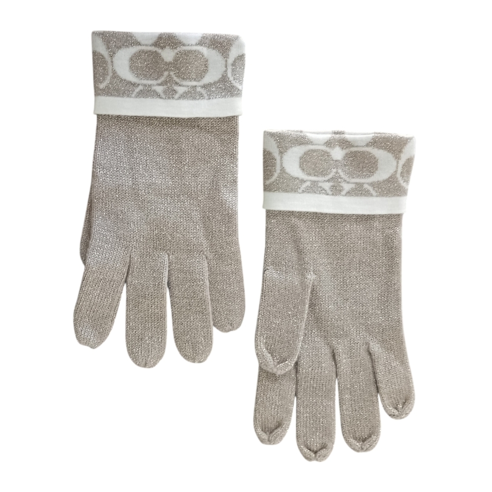 Coach Signature Metallic Knit Gloves O/S Gold Beige Wool Blend Logo Cuff